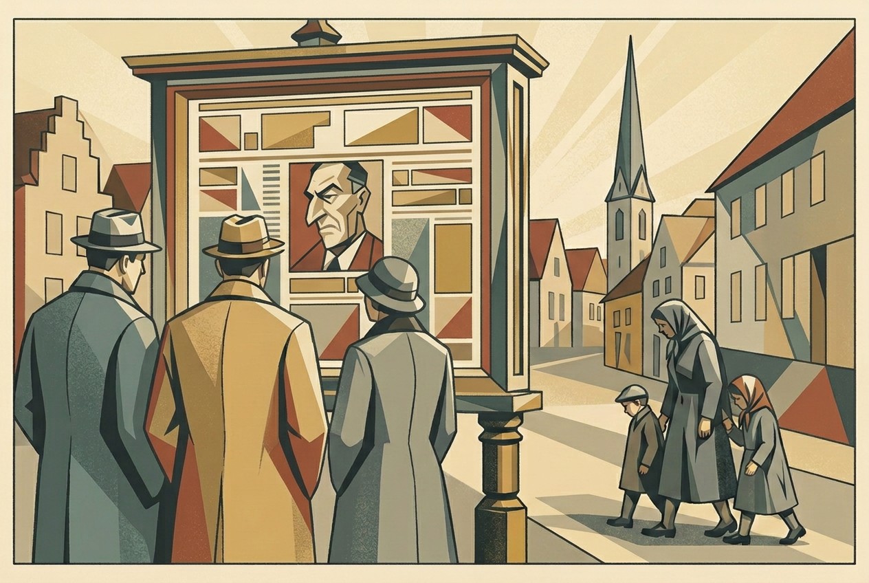 Townspeople reading an antisemitic propaganda paper in a street display case