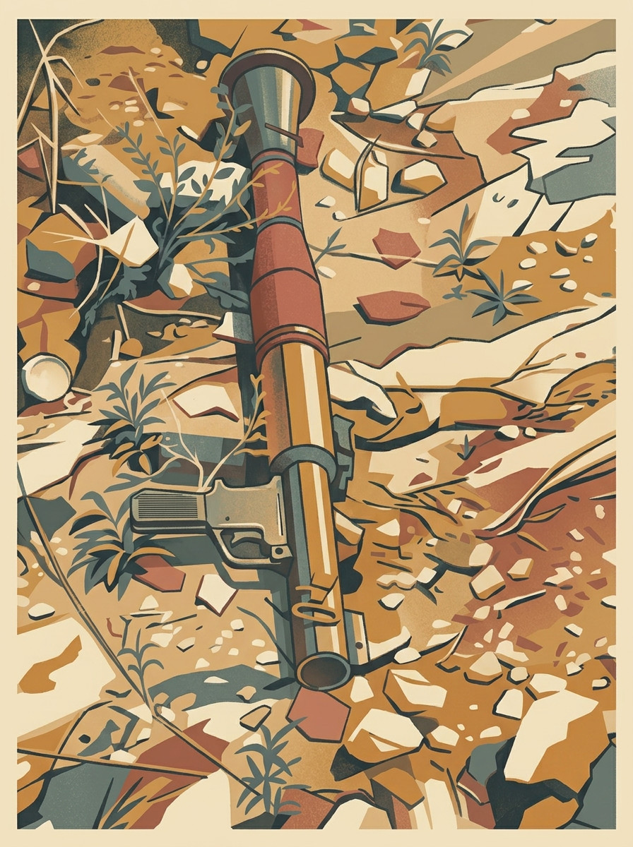 A discarded rocket launcher lying on rocky ground