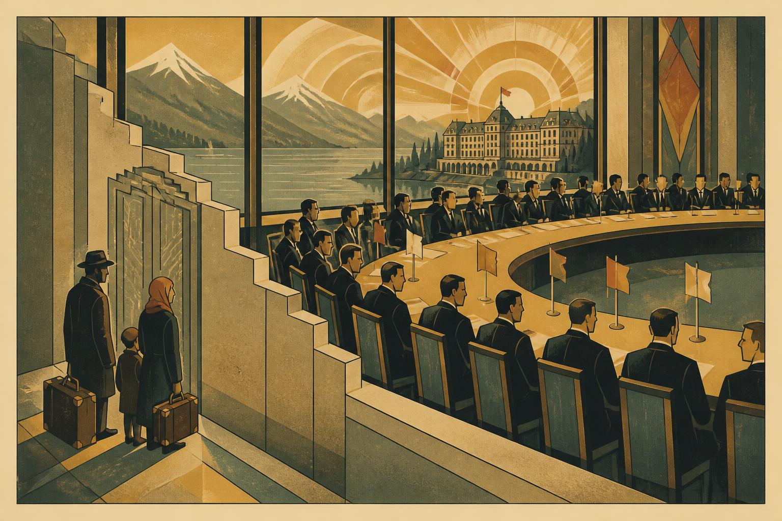 Art deco illustration of the Évian Conference: rows of diplomats around a long table above Lake Geneva while a refugee family with suitcases waits outside a closed door