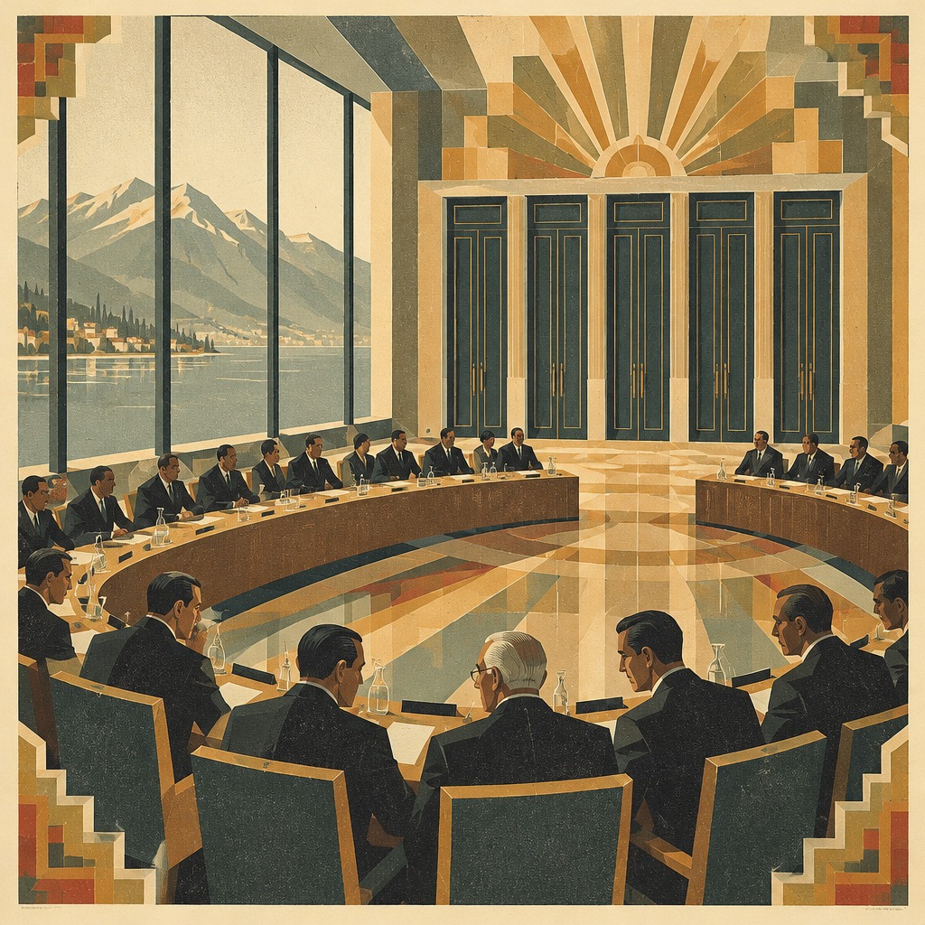 Delegates of thirty-two nations seated in a grand hall at Évian, a row of tall closed doors behind them
