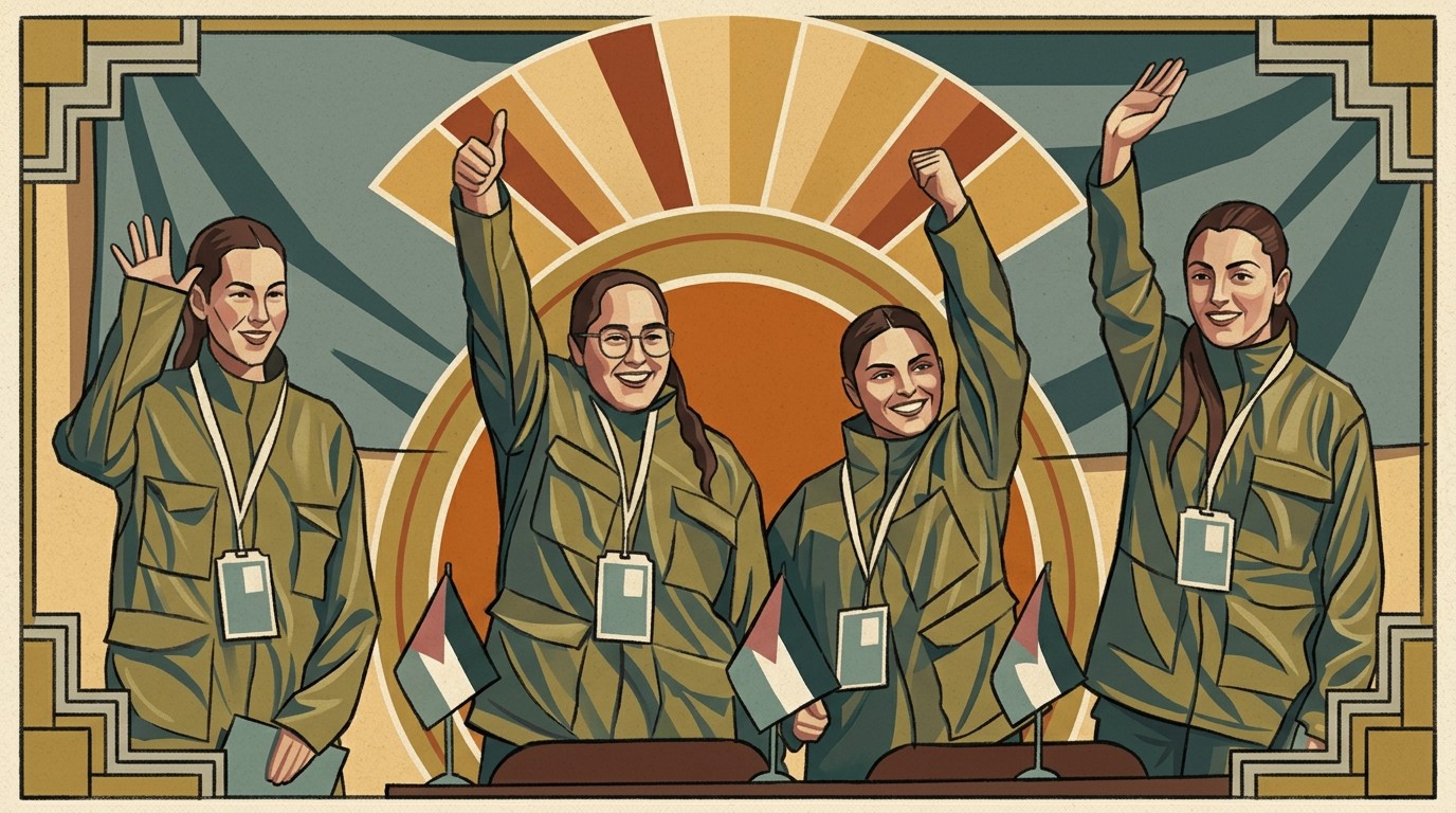 Four women in green uniforms raising their hands before an Arabic-language banner
