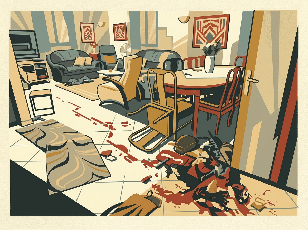 A ransacked kibbutz living room in art deco style
