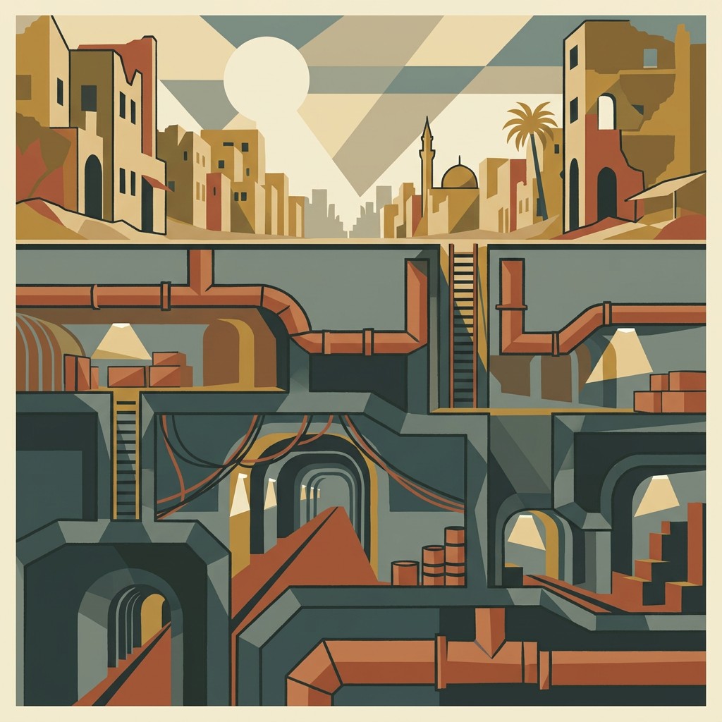 Art deco cutaway illustration of Gazan streets above and a concrete tunnel network below with ladders, crates, and weapons