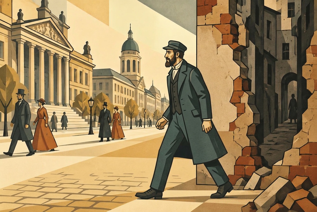 An art deco illustration of Jewish emancipation in 19th century Germany — Napoleon's armies carrying equality, ghetto walls crumbling, and the new German Empire