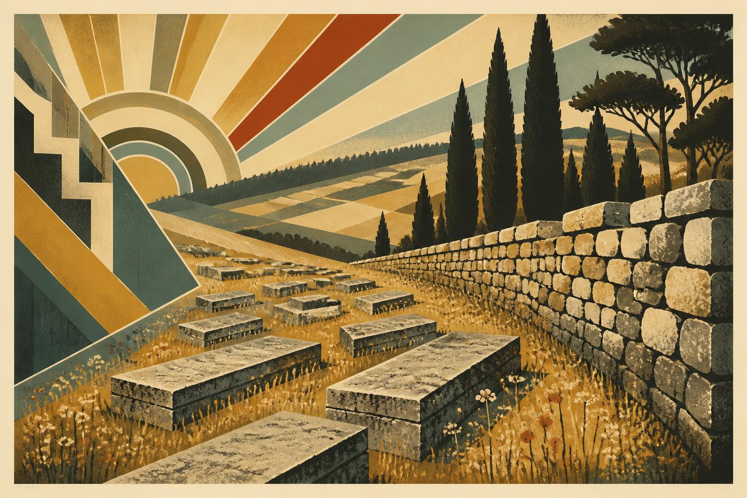 Art deco lithograph of an old Jewish hillside cemetery with low stone grave slabs, dry grass and wildflowers, a long drystone wall, cypress trees and rolling fields beyond