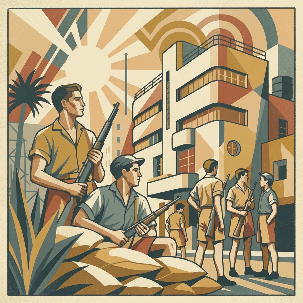Hagana fighters outside a Bauhaus building on Allenby Street