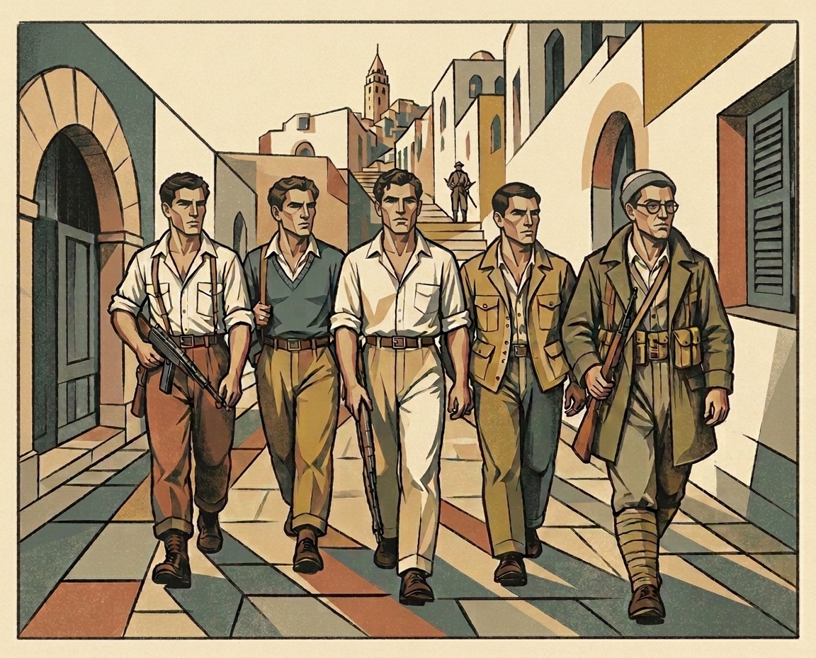 Art deco illustration of five young Hagana fighters walking abreast down a narrow stone alley in Mandate Palestine, armed with rifles and a submachine gun