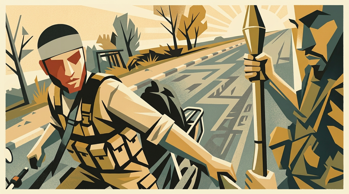 Art deco illustration of two Hamas militants advancing along a road at dawn, one with a green headband, the other holding a shoulder-launched rocket