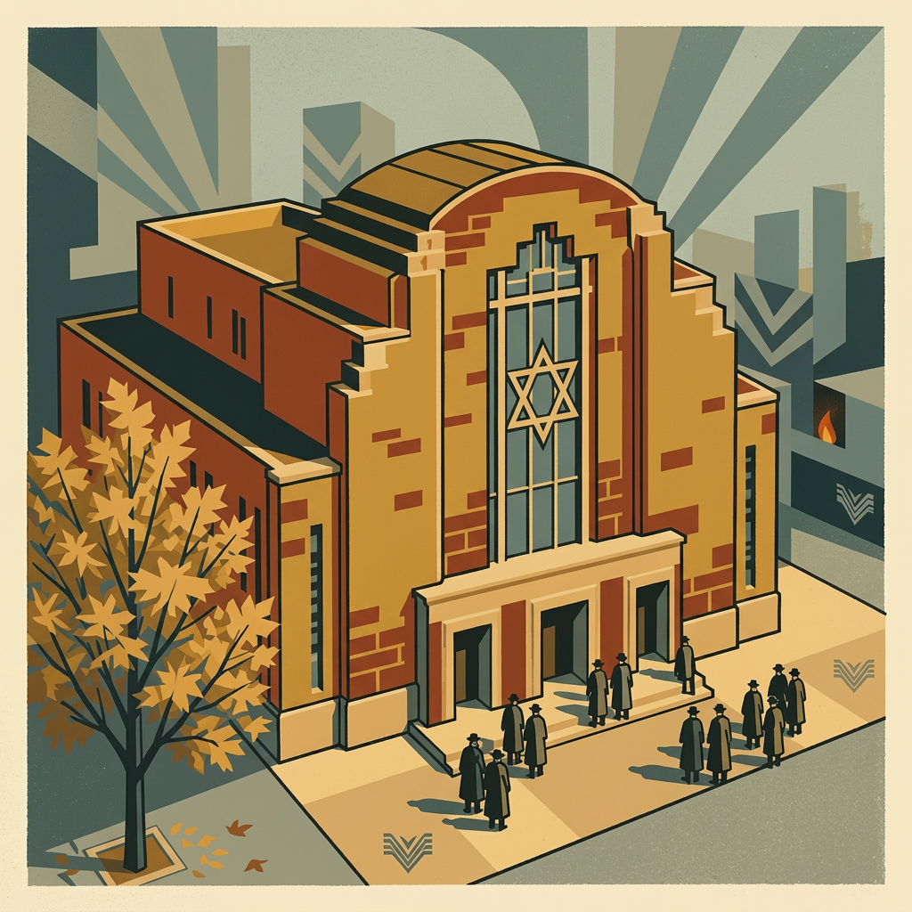 A synagogue on Yom Kippur, congregants gathered at the doors