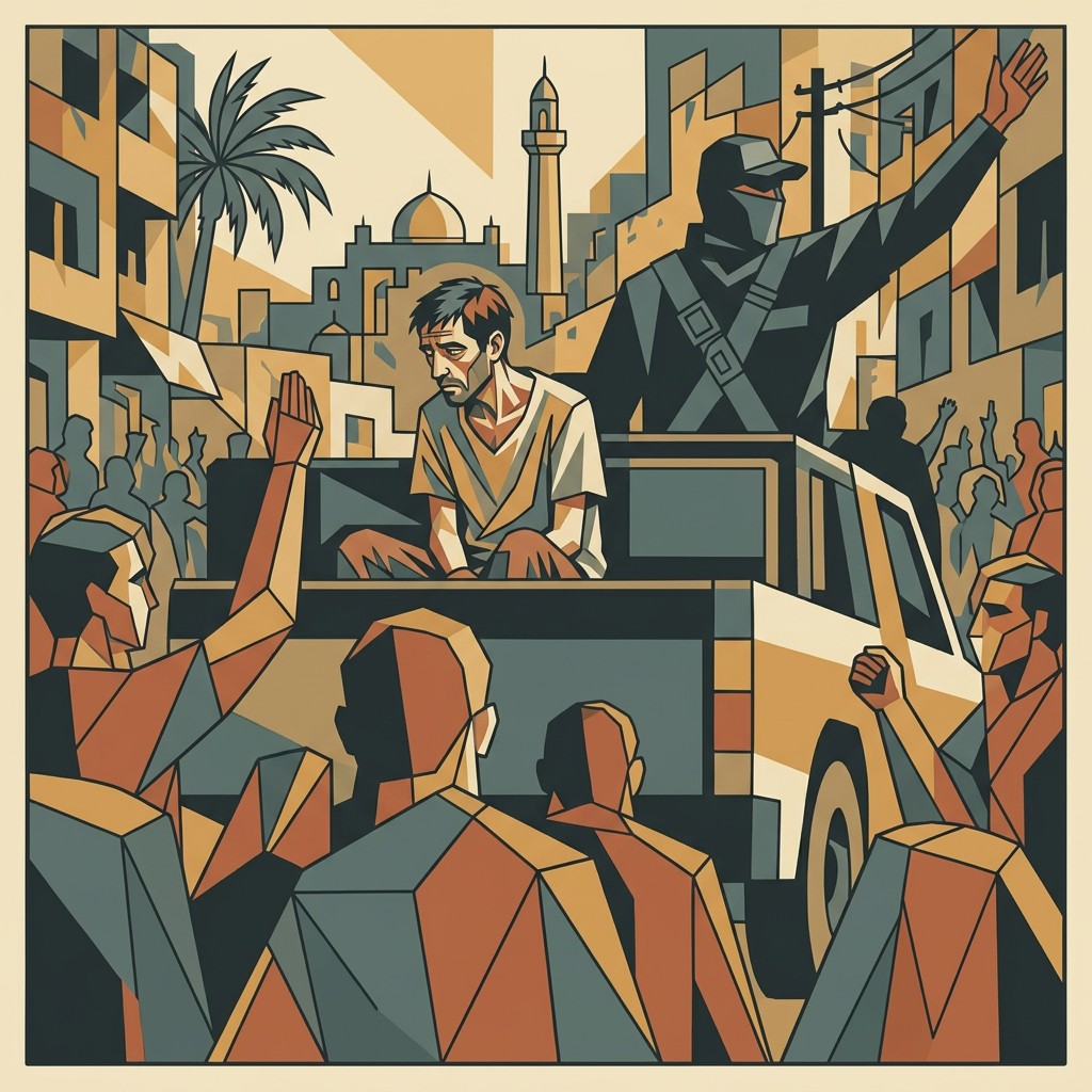 Art deco illustration of a Hamas militant with rifle raised standing beside a wounded female hostage in the back of a military jeep on a Gaza street