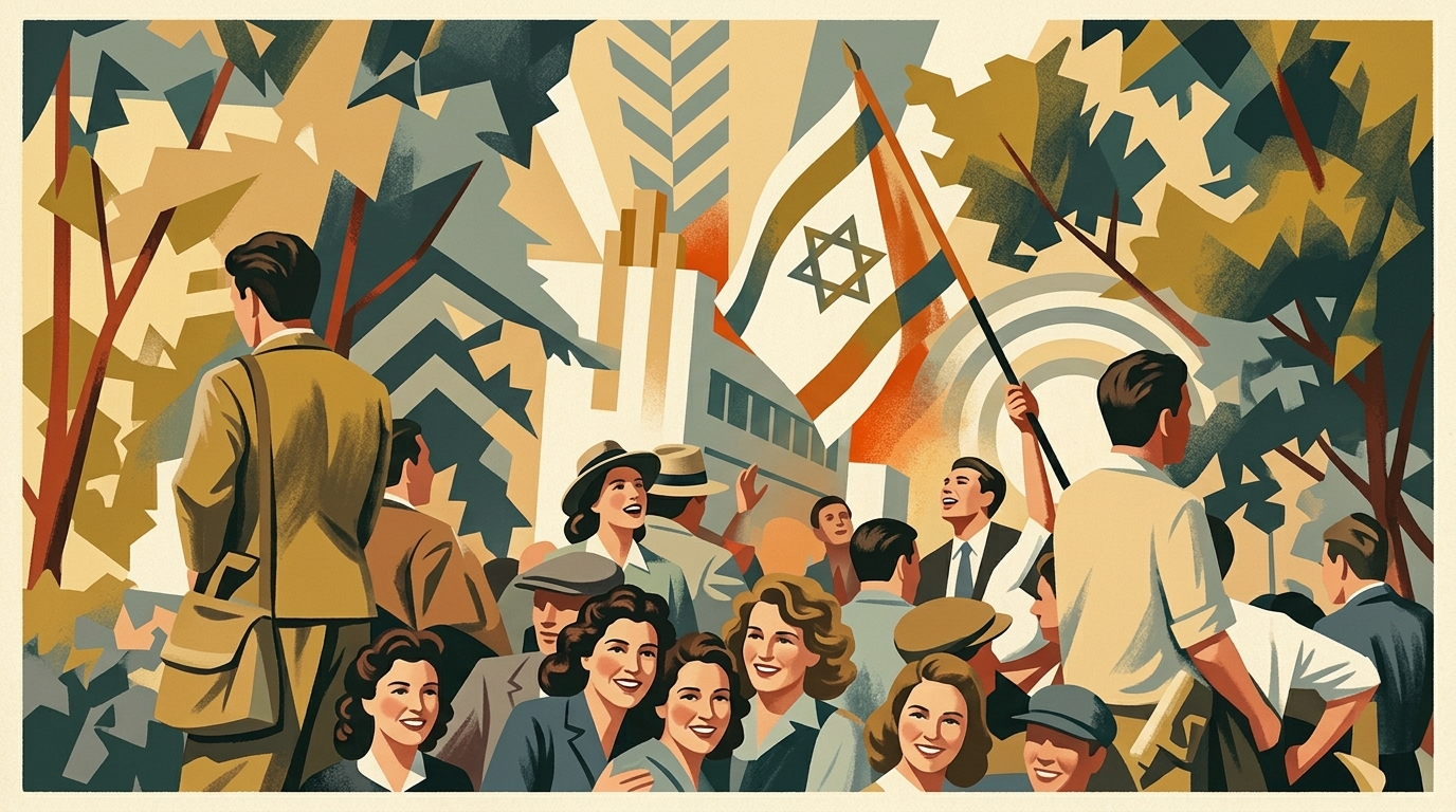 Crowds in Tel Aviv as the Israeli flag goes up, May 1948
