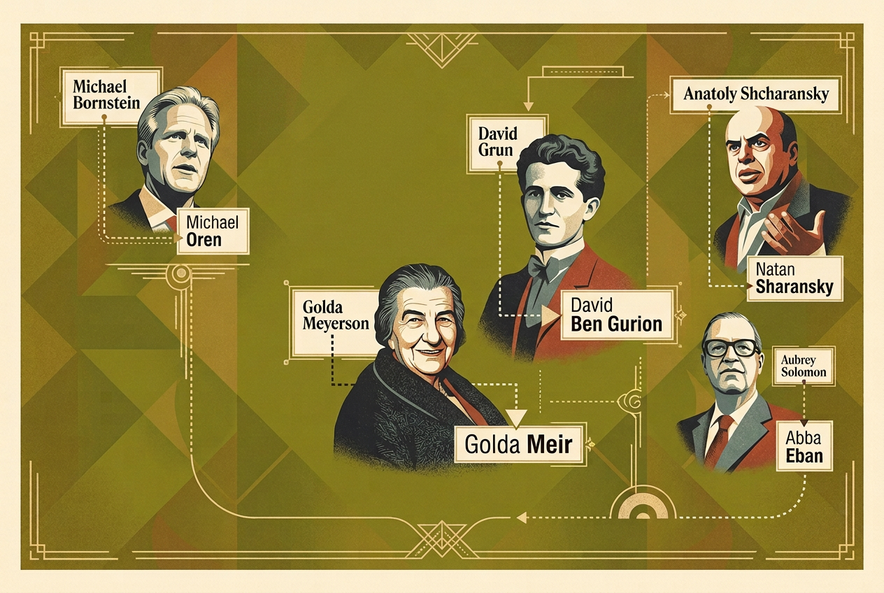 A stylized genealogy of Israeli names, including Michael Oren, David Ben Gurion, Golda Meir, Natan Sharansky, and Abba Eban