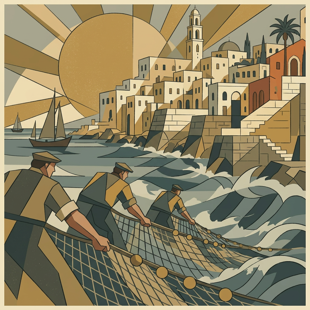 Art deco illustration of a fisherman casting a net in the surf below the stone town of Jaffa