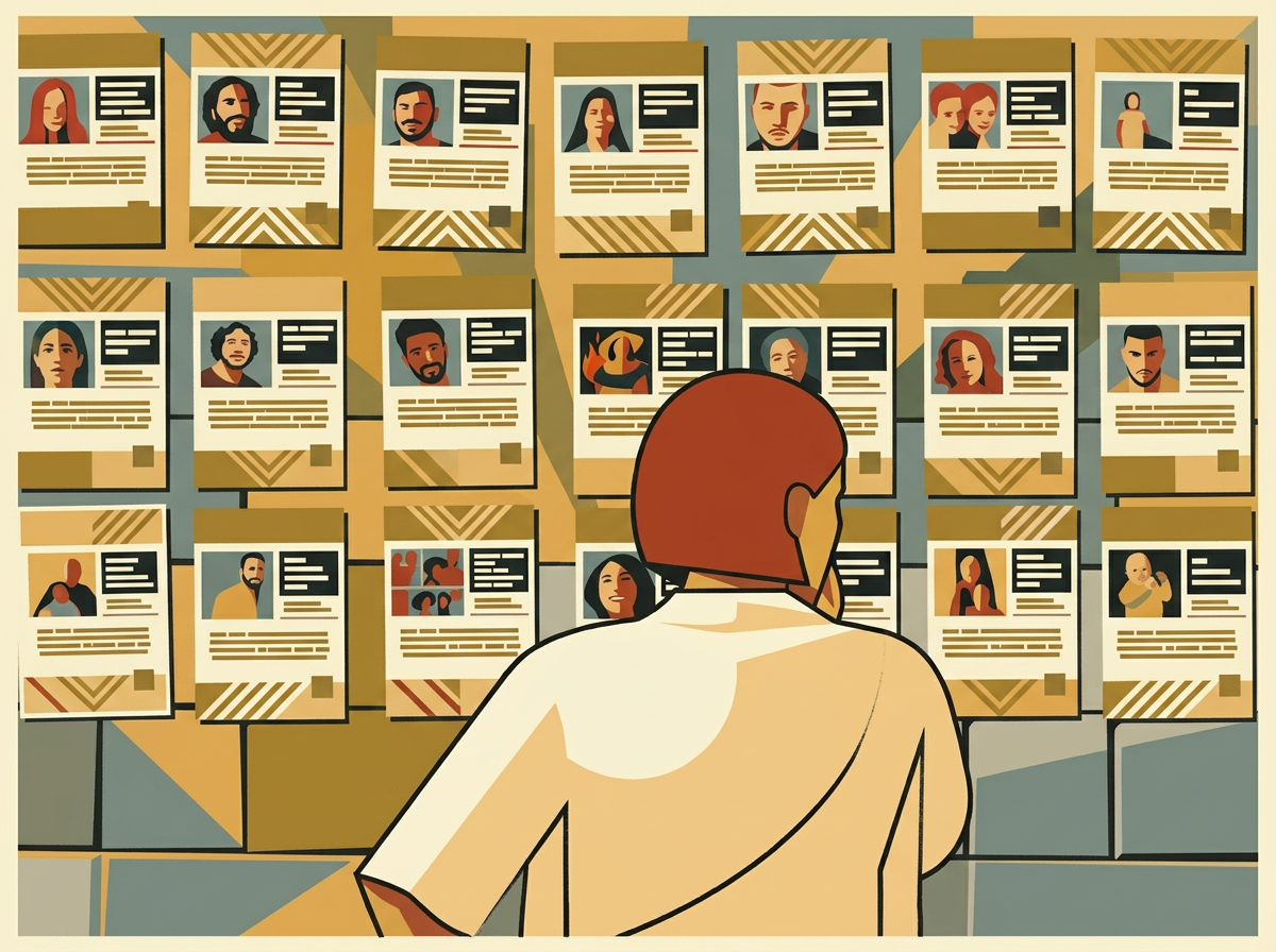Art deco illustration of a wall covered in red KIDNAPPED hostage posters with a woman standing in front reading them