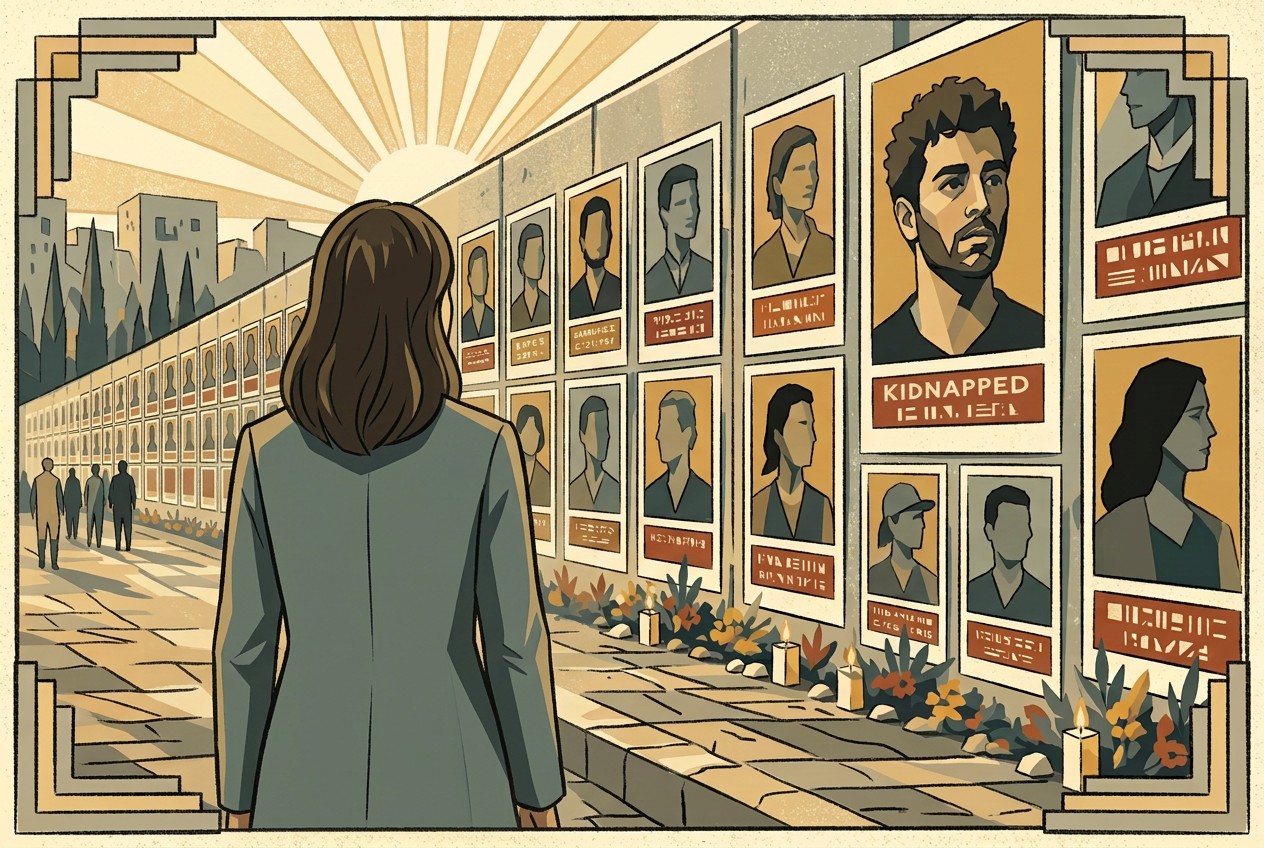 Art deco illustration of a wall covered in red KIDNAPPED hostage posters with a woman standing in front reading them