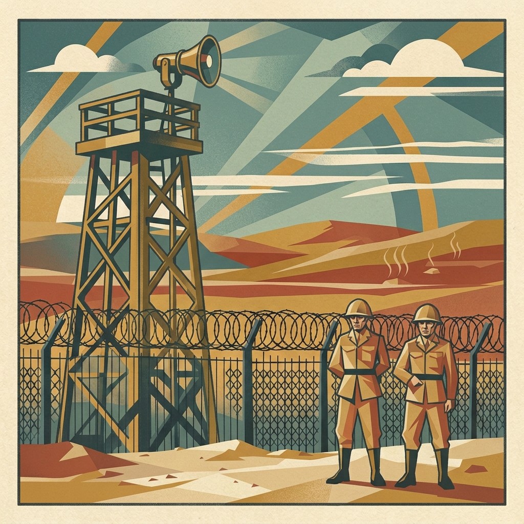 Detainees lined along a barbed-wire fence with a wooden watchtower at the British detention camp at Latrun