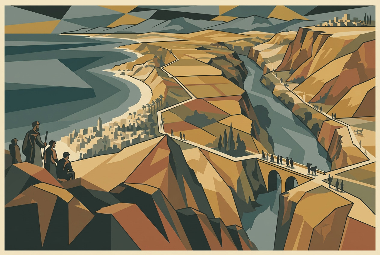 Art deco lithograph map of the British Mandate divided into Palestine and Transjordan