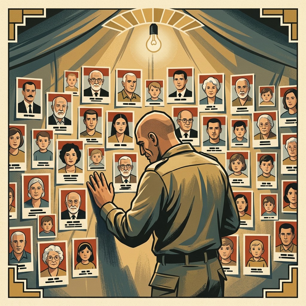 A soldier paying respects at a tent wall of portrait photographs