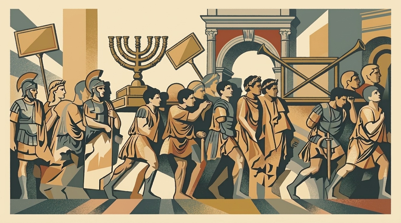 Art deco lithograph of the Roman triumphal procession carrying the Jerusalem Temple menorah