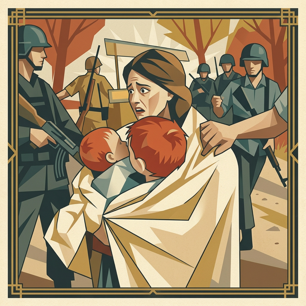 A mother holding two red-haired young children amid armed men