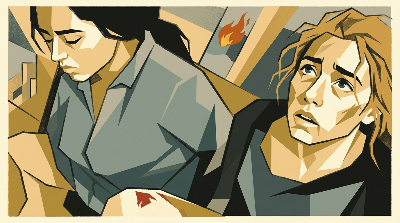 Art deco illustration of two young Israeli women held captive in a bare concrete room