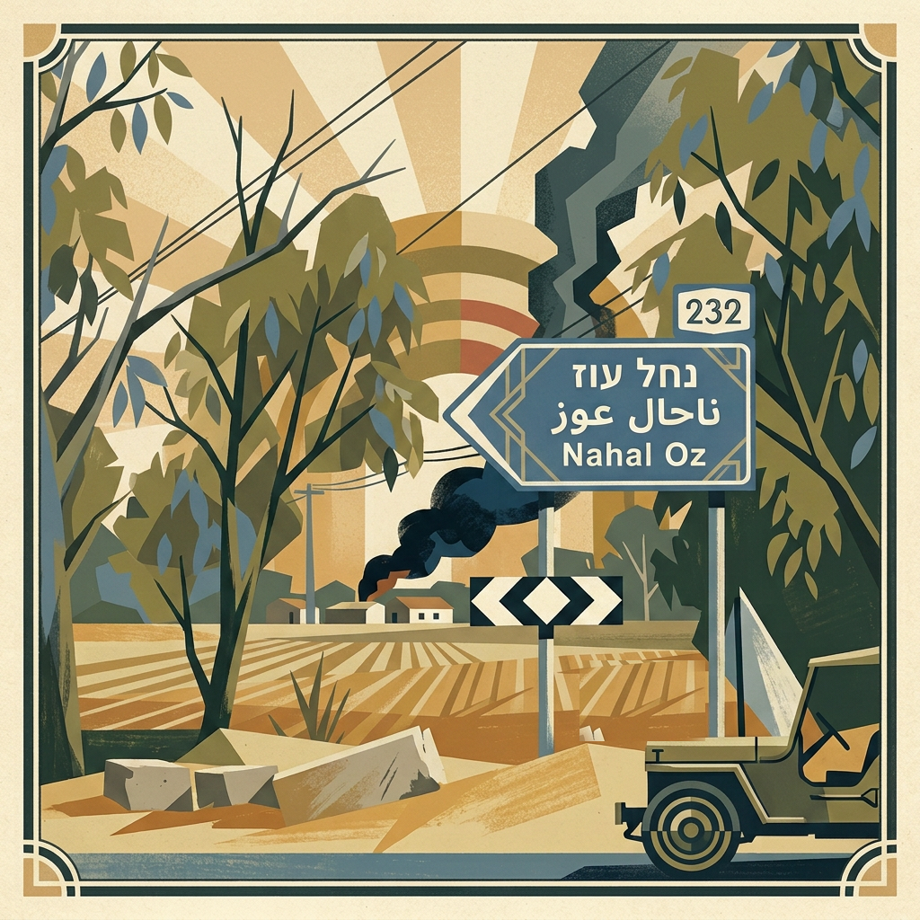Road sign at the entrance to Nahal Oz, with smoke rising beyond the fields