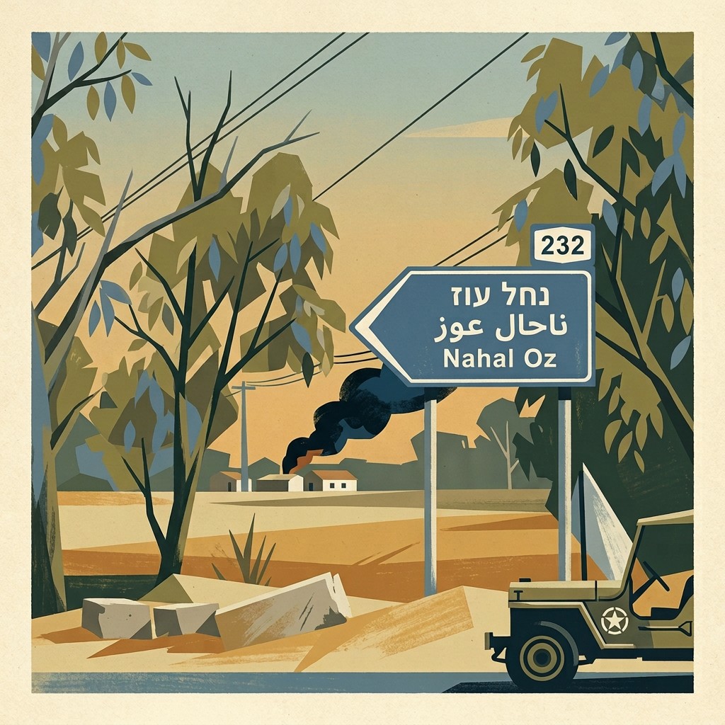 The Nahal Oz road sign with its original Hebrew, Arabic and English lettering