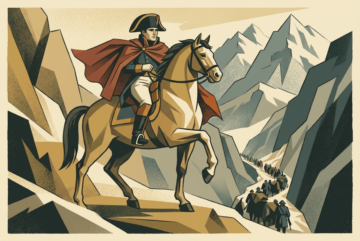 An art deco illustration of Napoleon crossing the Alps