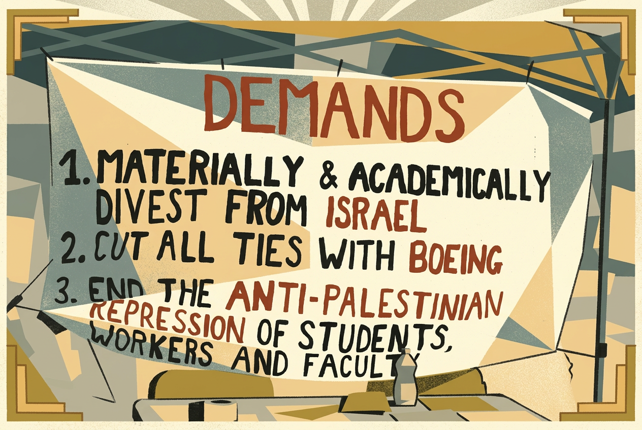 A hand-painted protest banner reading Demands with three numbered demands in charcoal and terracotta, under a canopy tent