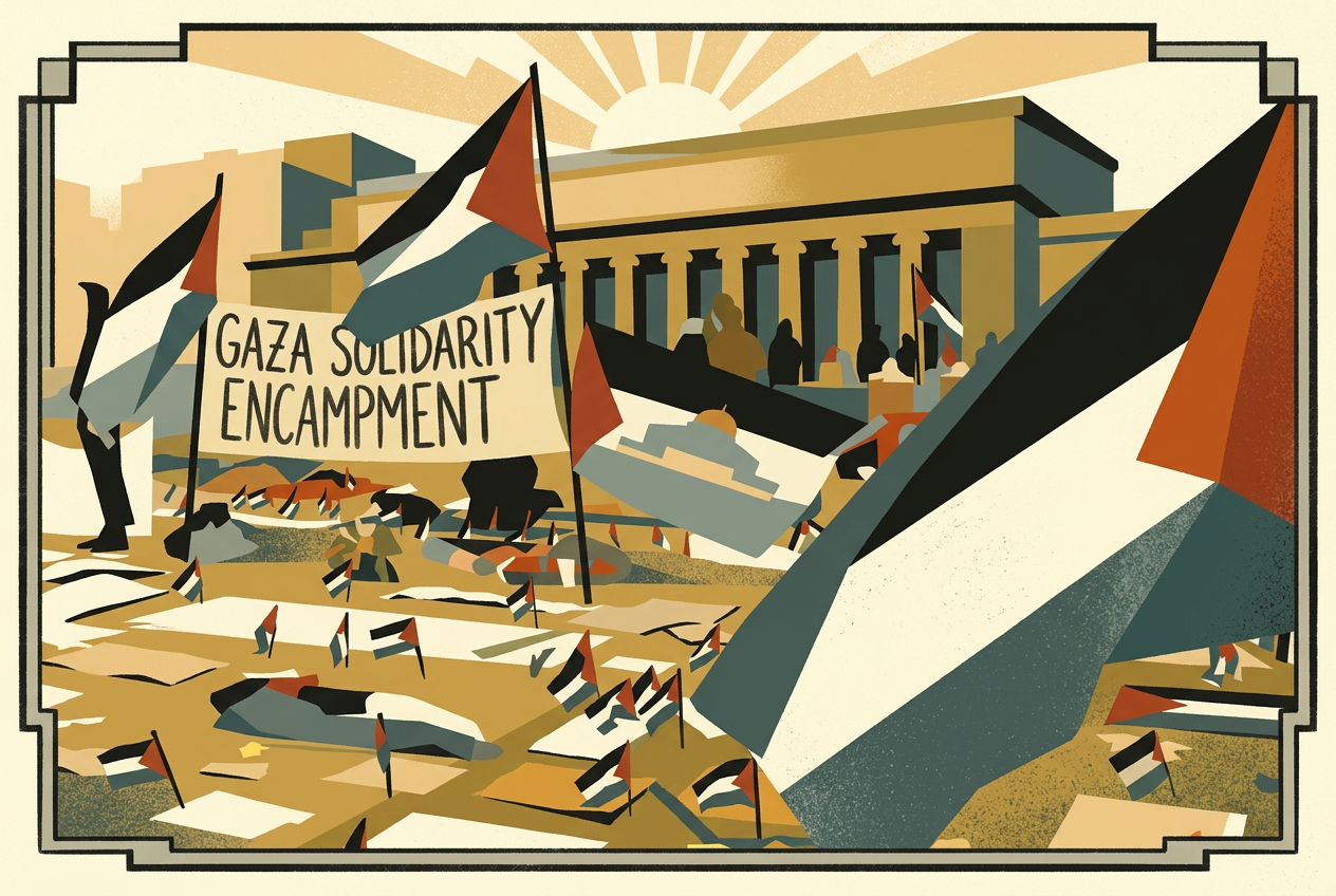 An Art Deco encampment on a campus lawn with a Gaza Solidarity Encampment banner, many flags and a sunburst over the university buildings