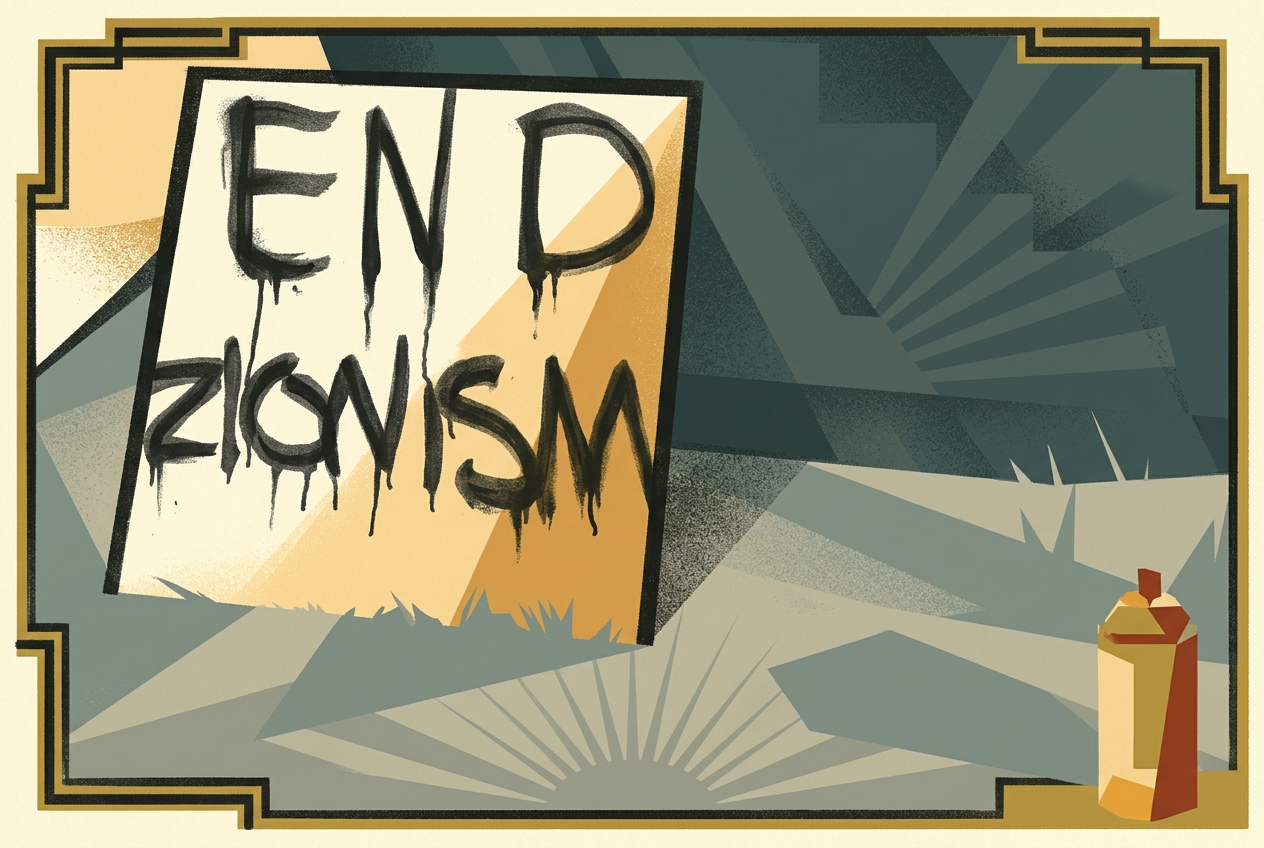 A spray-painted cardboard sign reading End Zionism propped against a tent on grass, a spray can beside it