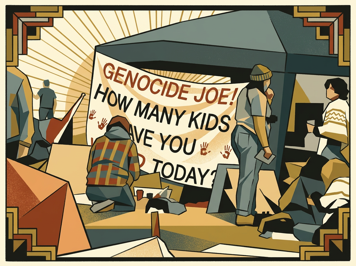 A hand-painted encampment banner reading Genocide Joe, How Many Kids Have You Killed Today, with red handprints, students around it