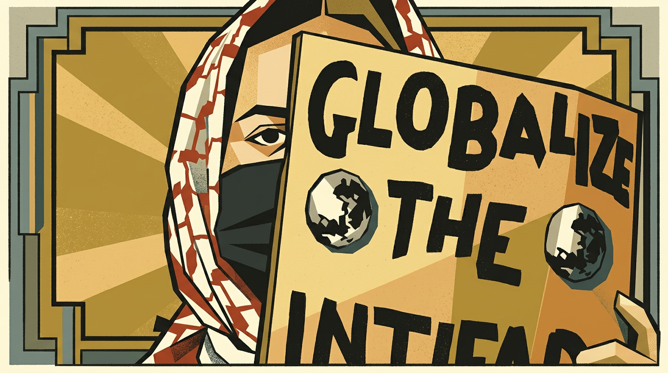 An Art Deco protester in a keffiyeh and mask holding a cardboard sign reading Globalize the Intifada with two drawn globes