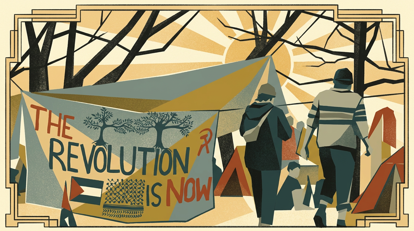 A hand-painted encampment banner reading The Revolution is Now strung between bare trees over tents and a rising sunburst