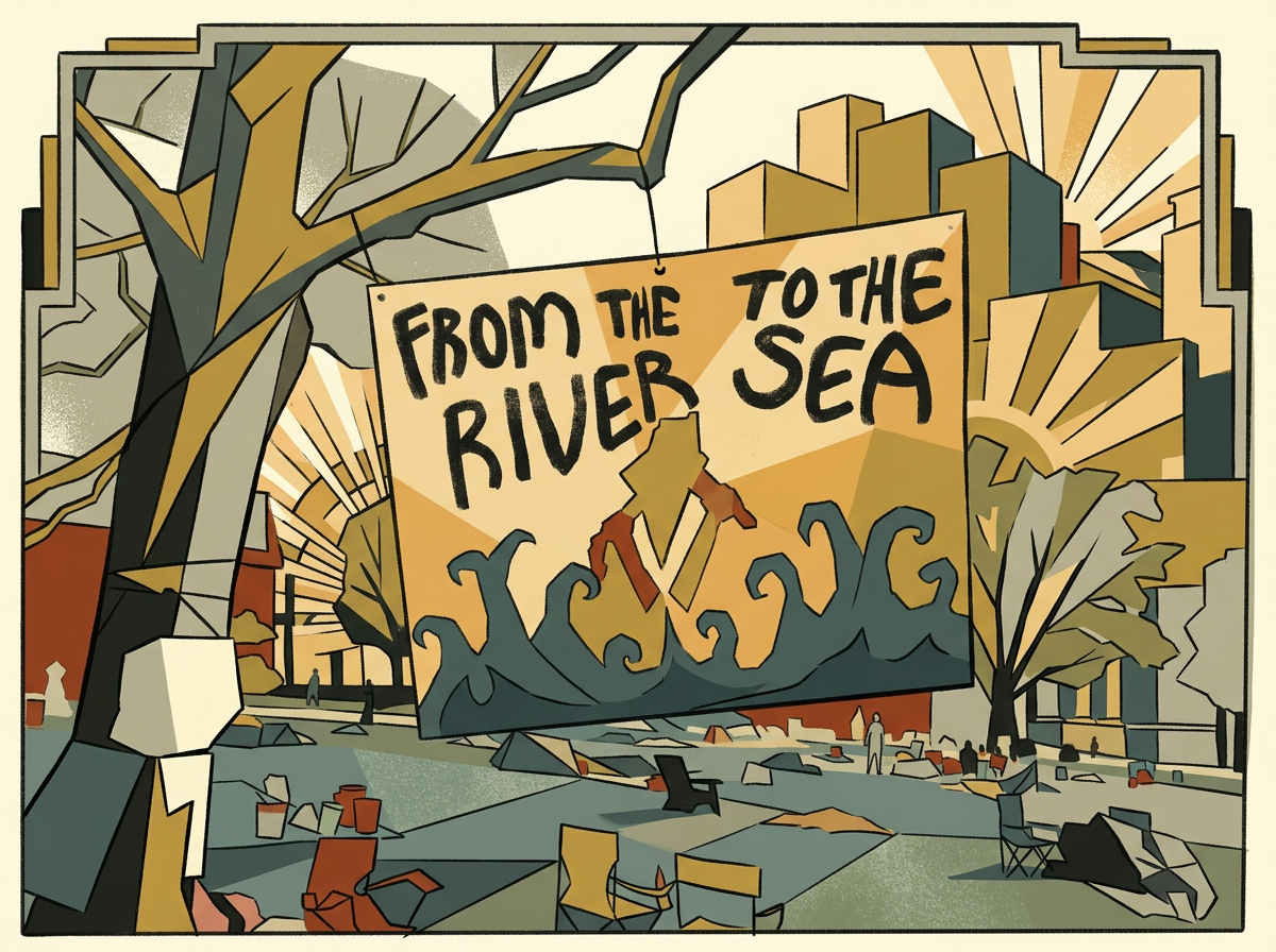 A yellow ochre hand-painted banner reading From the River to the Sea hanging from a tree over an encampment lawn with teal waves