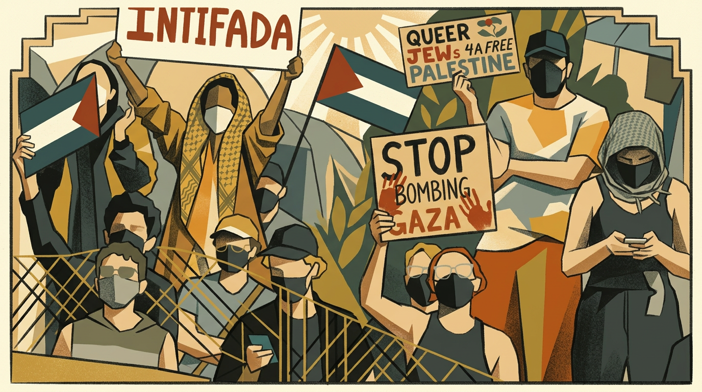 An Art Deco protest crowd behind wire fencing with signs reading Intifada, Stop Bombing Gaza and Queer Jews 4A Free Palestine, a raised flag and a sunburst