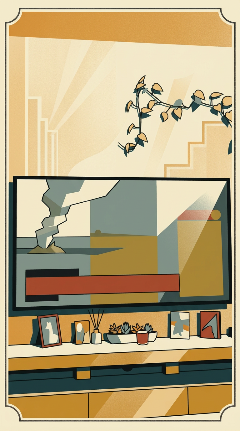 Art deco illustration of a Tel Aviv living room with a wall-mounted television broadcasting the October seventh morning news