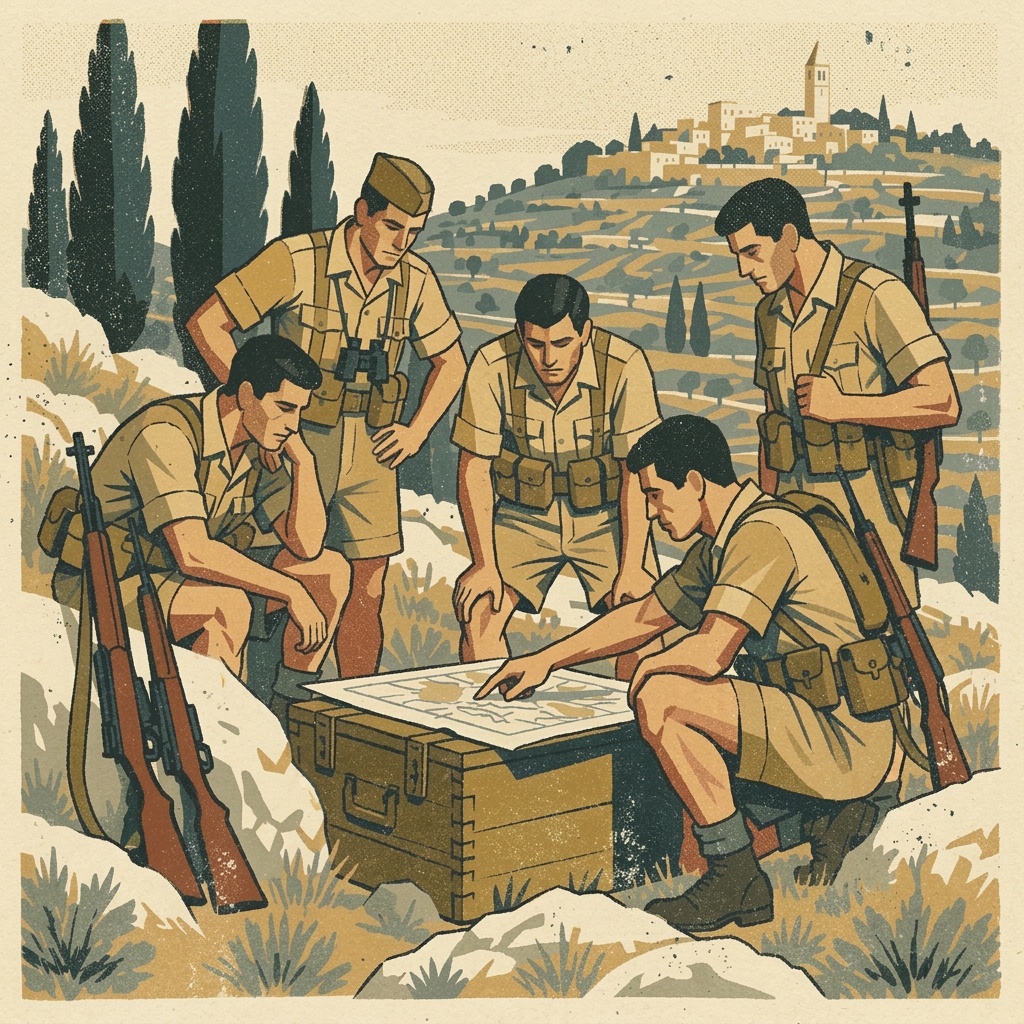 Palmach officers in khaki uniforms at an outdoor field briefing