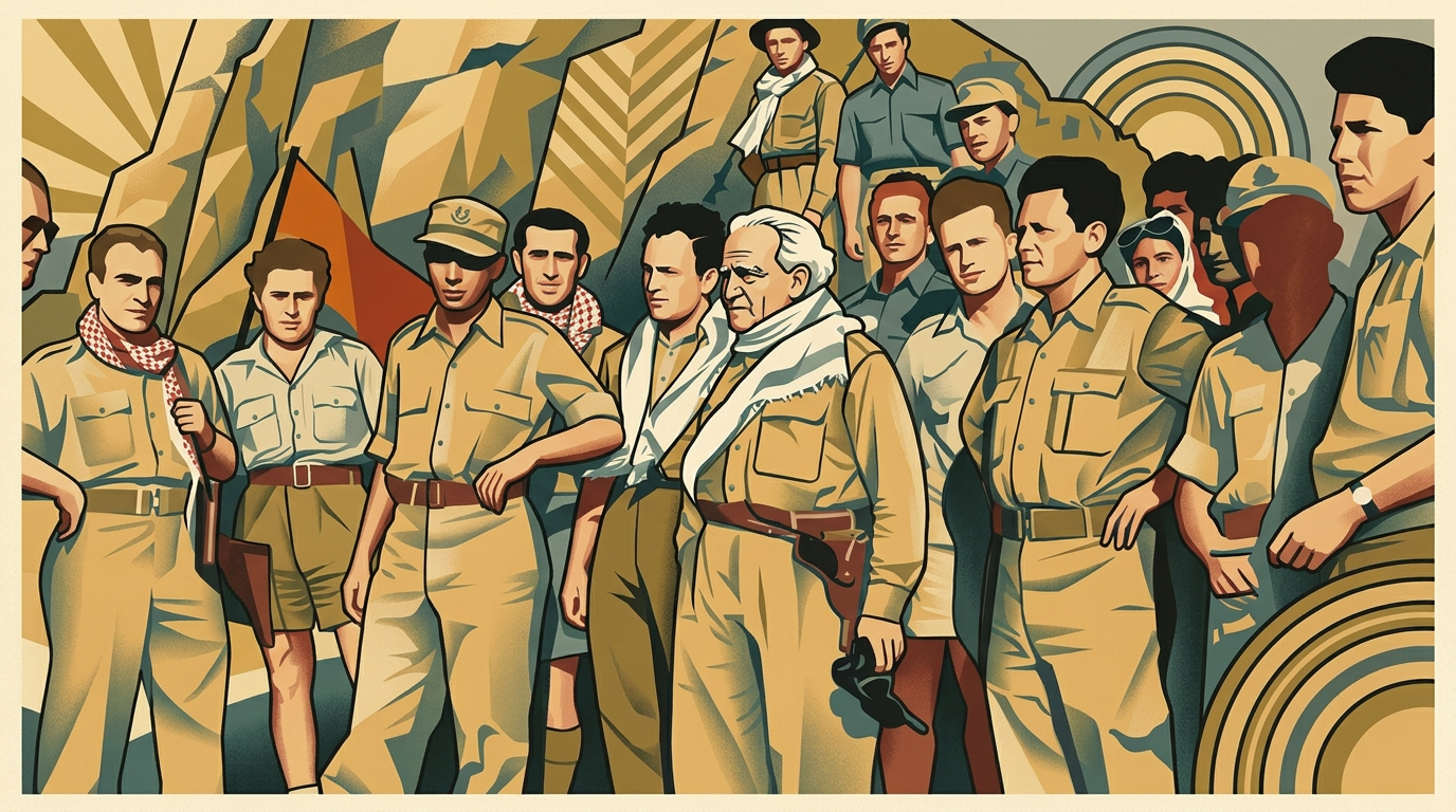 David Ben-Gurion with Palmach fighters and commanders in the field, May 1948