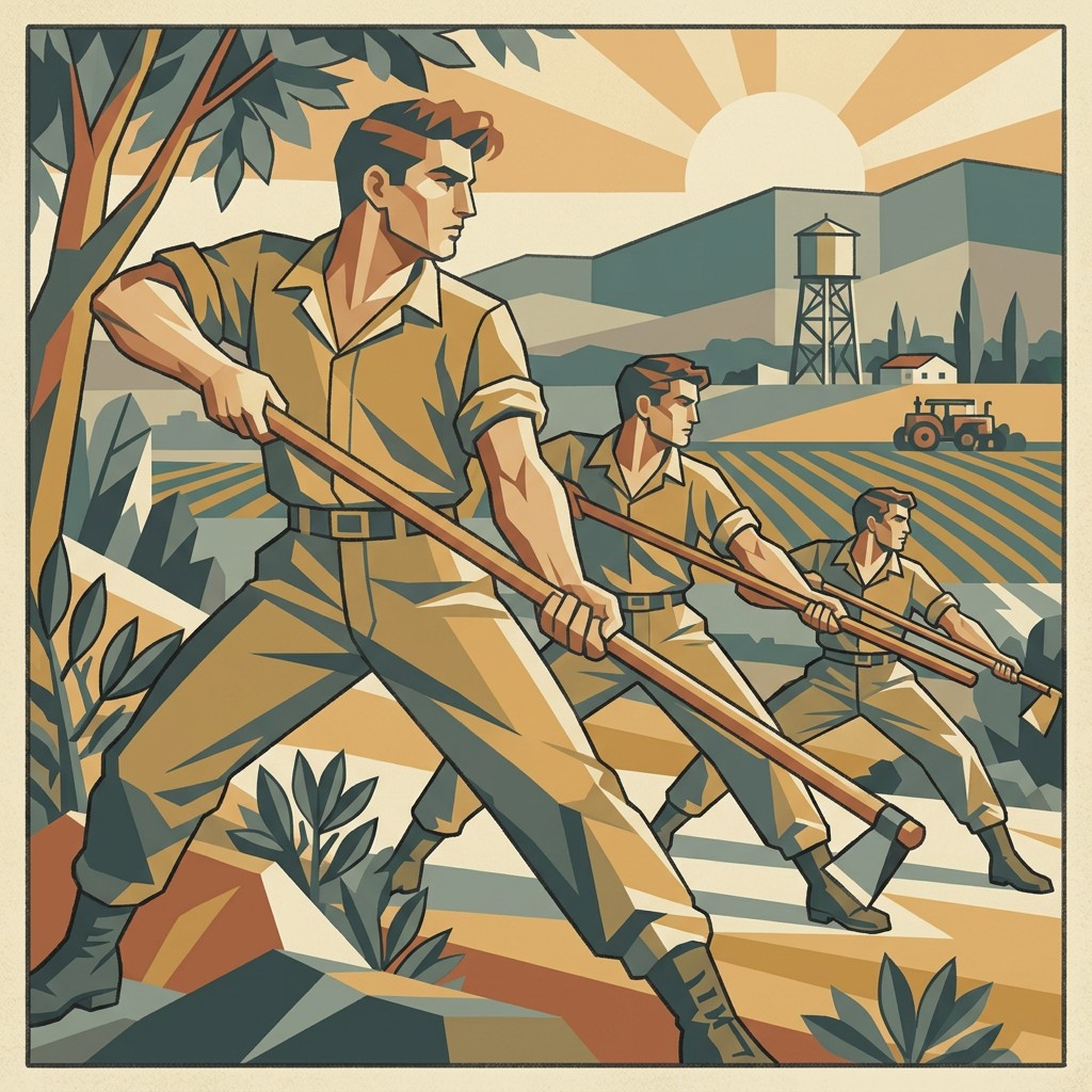 Palmach recruits training with wooden staves in a field