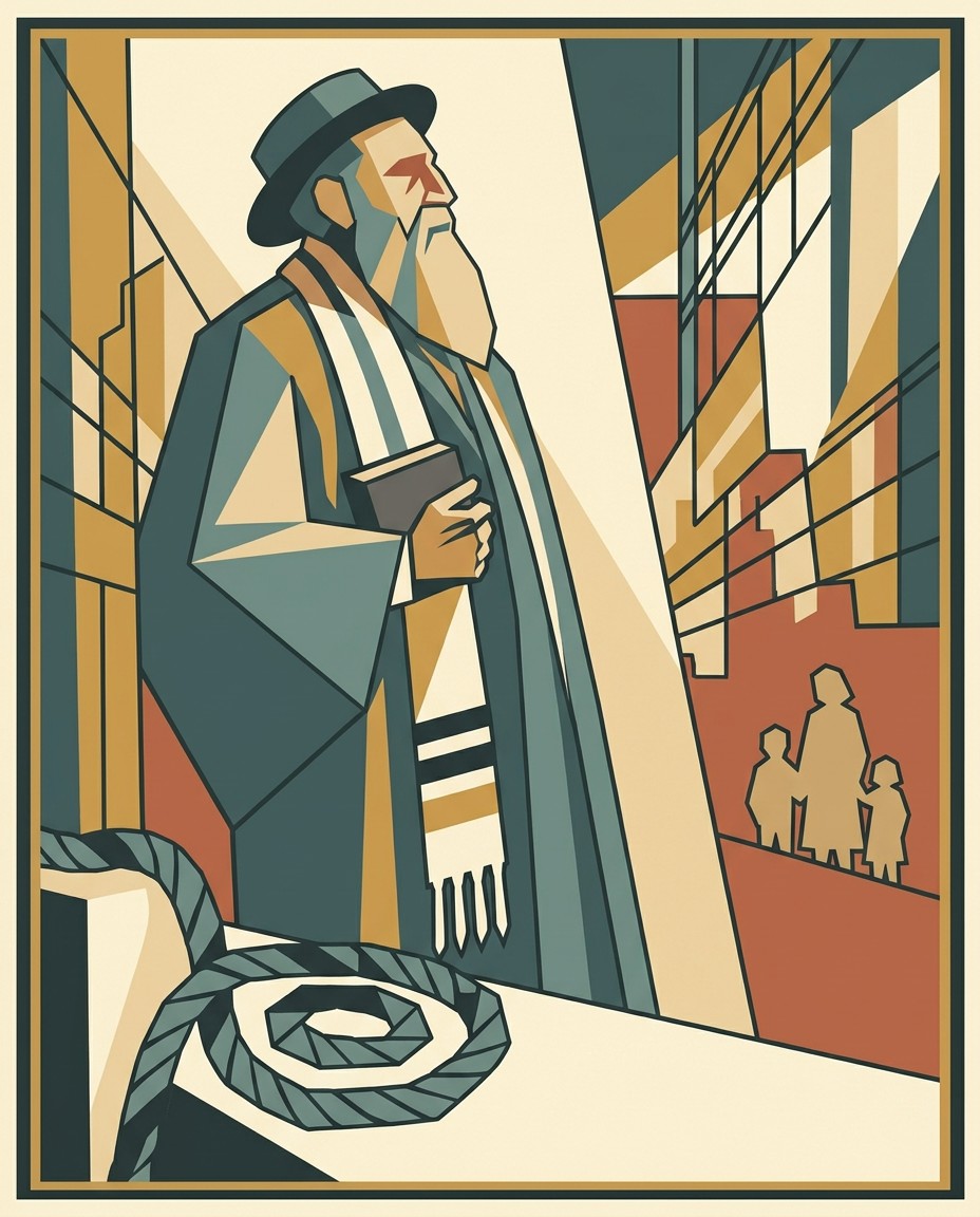 Art deco lithograph of a bearded rabbi led on a rope by a Cossack horseman through a Ukrainian shtetl street