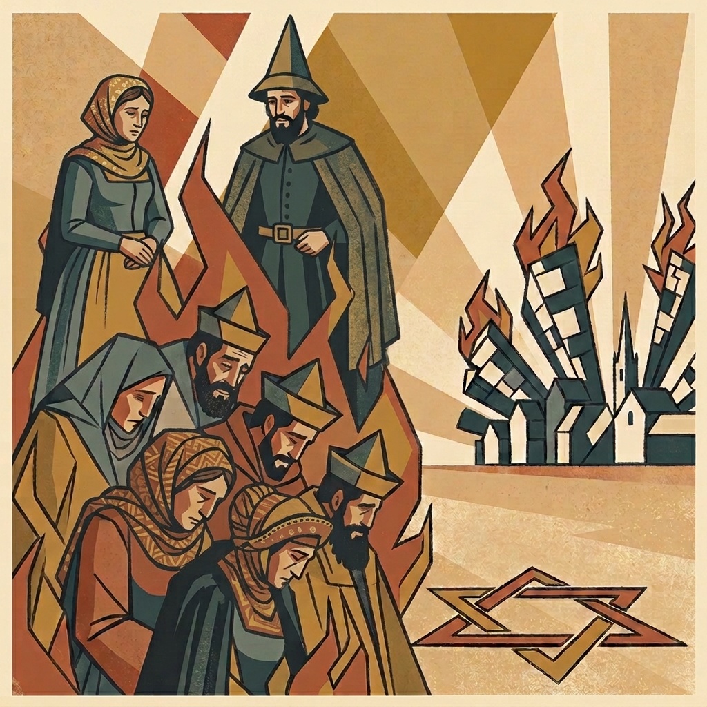 An art deco illustration of medieval Jews burned at the stake in the Rhineland
