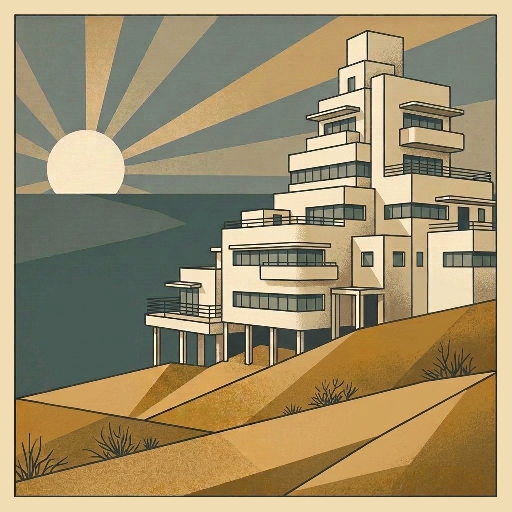 Art deco illustration of white Bauhaus apartment buildings rising from empty coastal sand dunes beneath a large rayed sun, with the sea beyond