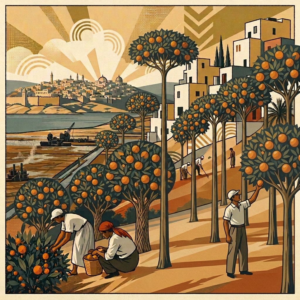 Art deco illustration of Bauhaus buildings rising from coastal dunes with citrus orchards and marshland drainage
