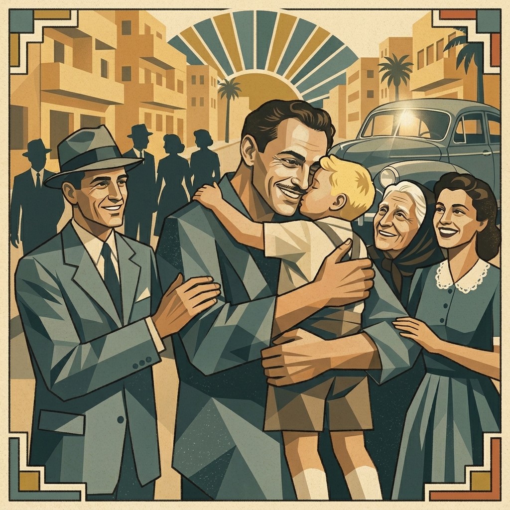 Shlomo holding and kissing a young child amid family and friends after his release from Egyptian captivity in 1955