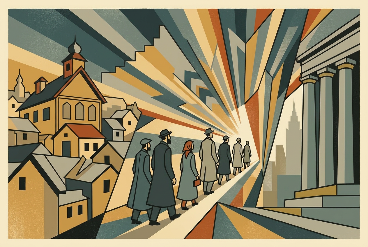 Art deco lithograph of a wooden shtetl synagogue and neoclassical civic columns with figures crossing between
