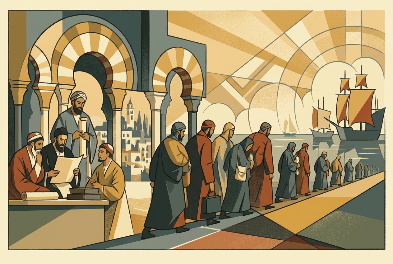 Art deco lithograph of Sephardic scholars beneath Al-Andalus arches and exiles departing for ships