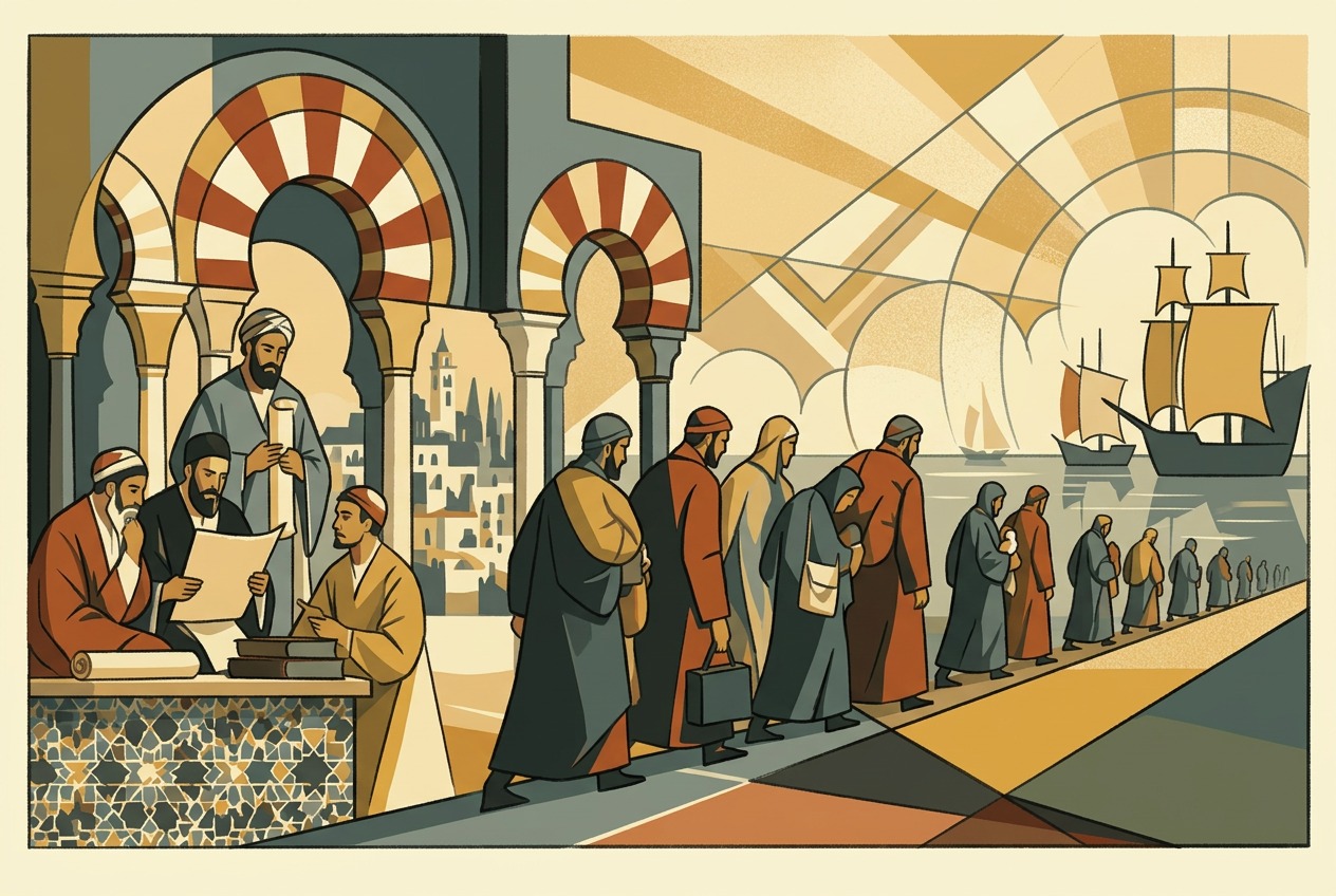 Art deco lithograph of Sephardic scholars beneath Al-Andalus arches and exiles departing for ships