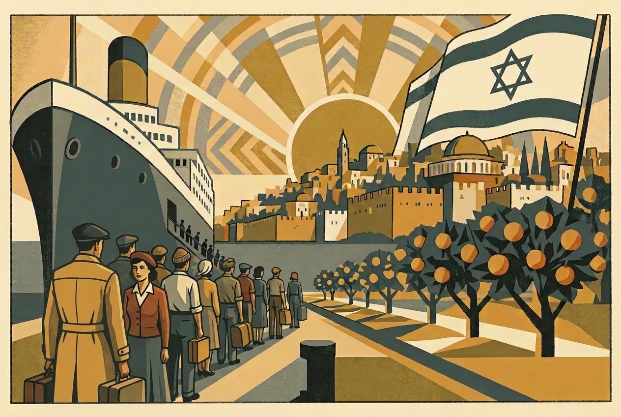 Art deco lithograph of immigrants arriving by steamship at a Mediterranean port beneath a rising sun over Jerusalem
