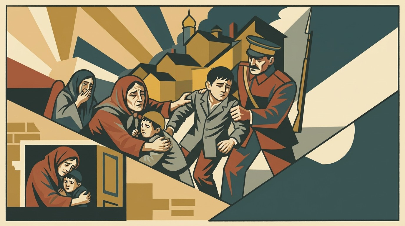 An art deco illustration of Jewish boys being conscripted by Tsar Nicholas I's soldiers in a Russian shtetl